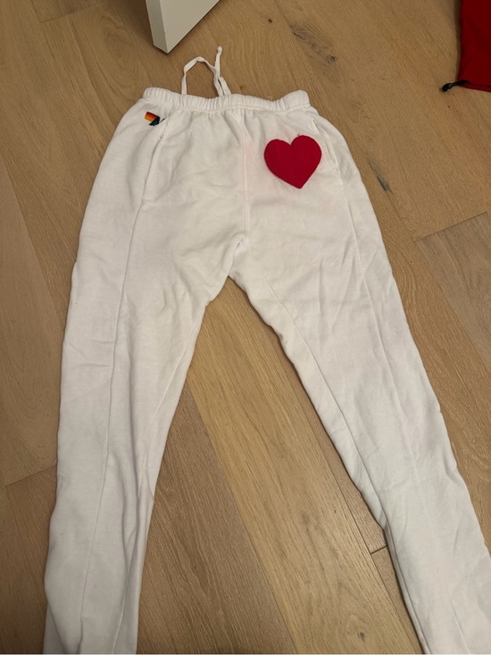Aviator Nation Pants - Aviator Nation White Track Pants with Red Heart Patch( slight stain around patch